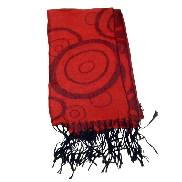 Womens Red and Black Geometric Patterned Pashmina Scarf With Fringe - Picture 2 of 5